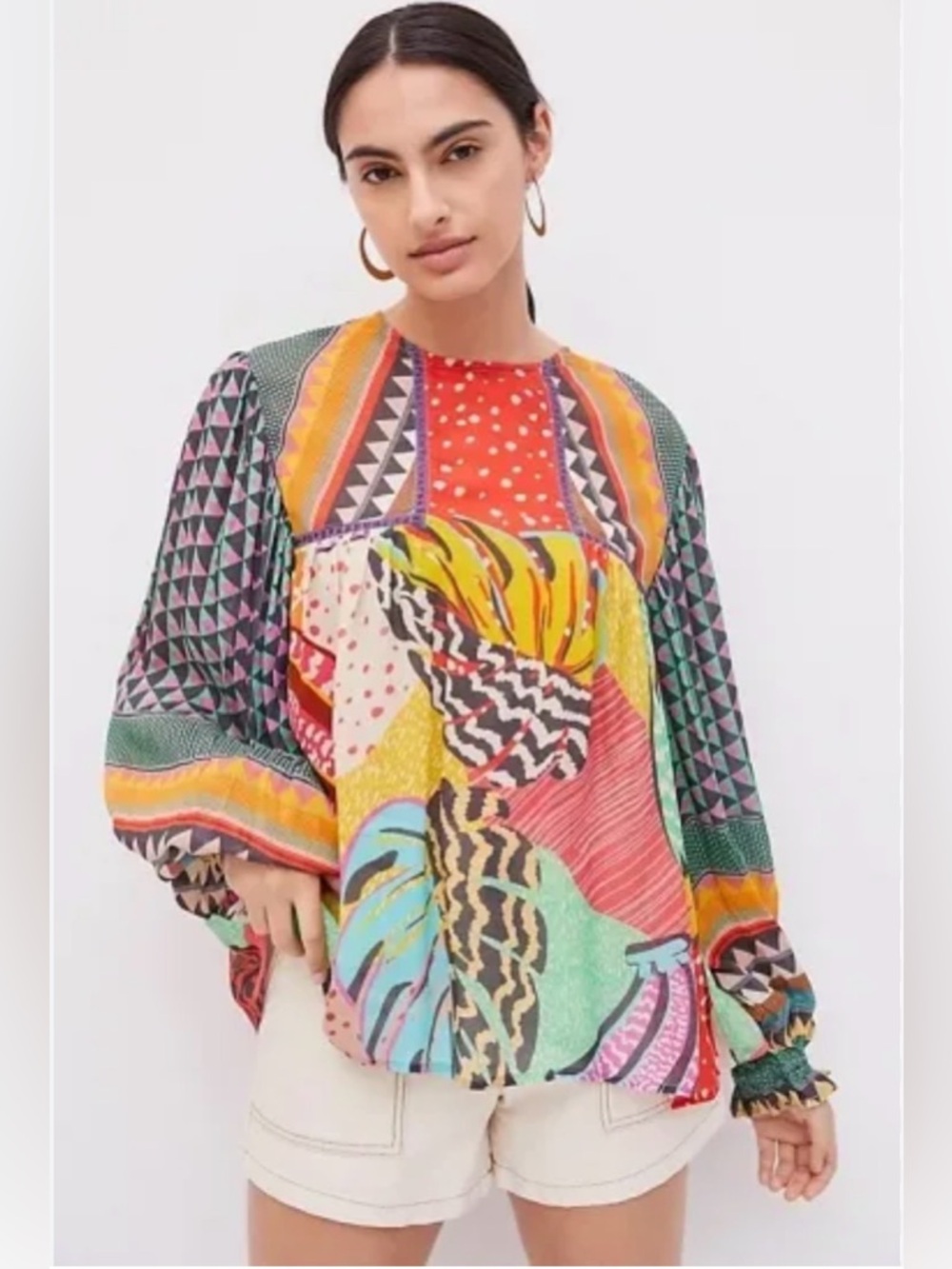 Anthropologie Bl^nk London Miranda Peasant Blouse Colorful Balloon Sleeve Boho L